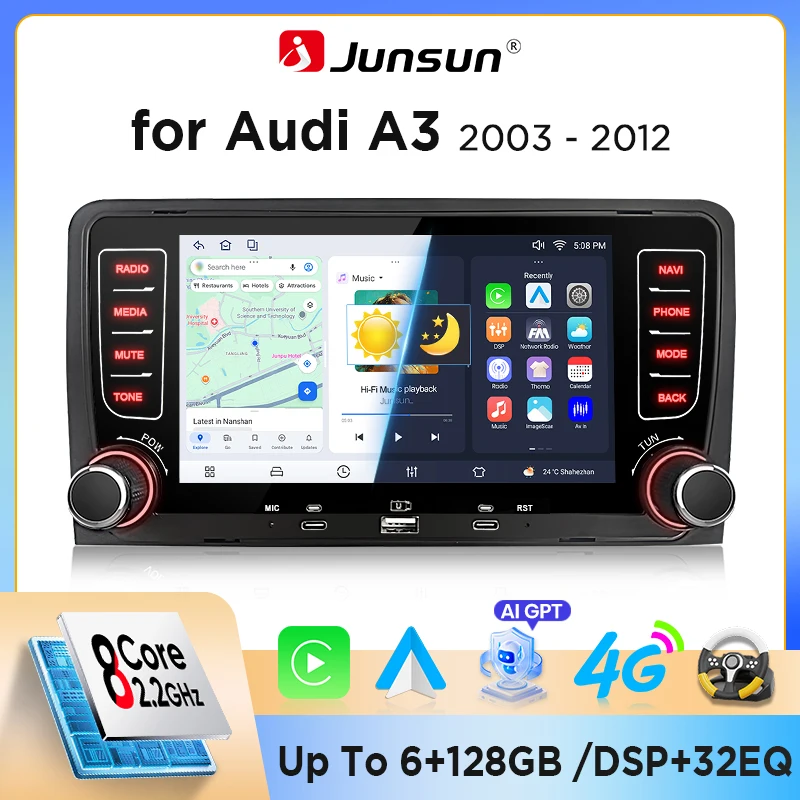 Junsun 7" Android Autoradio für Audi A3 8P S3/RS3 2003-2012 mit integriertem Canbus, kabellosem CarPlay & Android Auto, GPS-Navigation, DSP, FM-Radio, RDS, WiFi, Bluetooth, Freisprecheinrichtung,