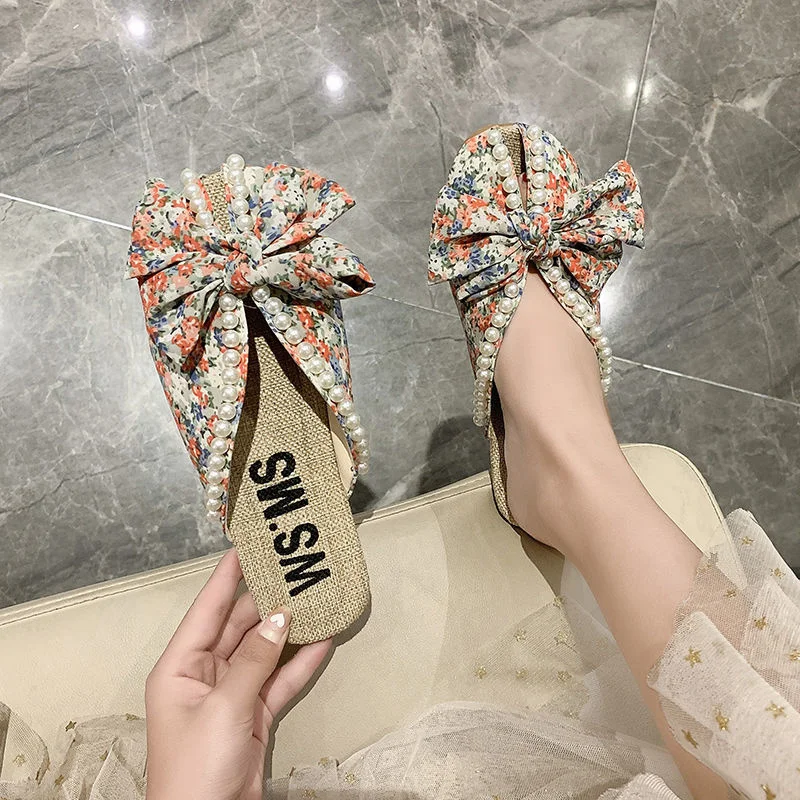 Women Slippers Summer 2022 New Fashion Flower Pearl Bow Sandales Femmes Sandalias Sweet Shoes Women Flat Slippers for Women