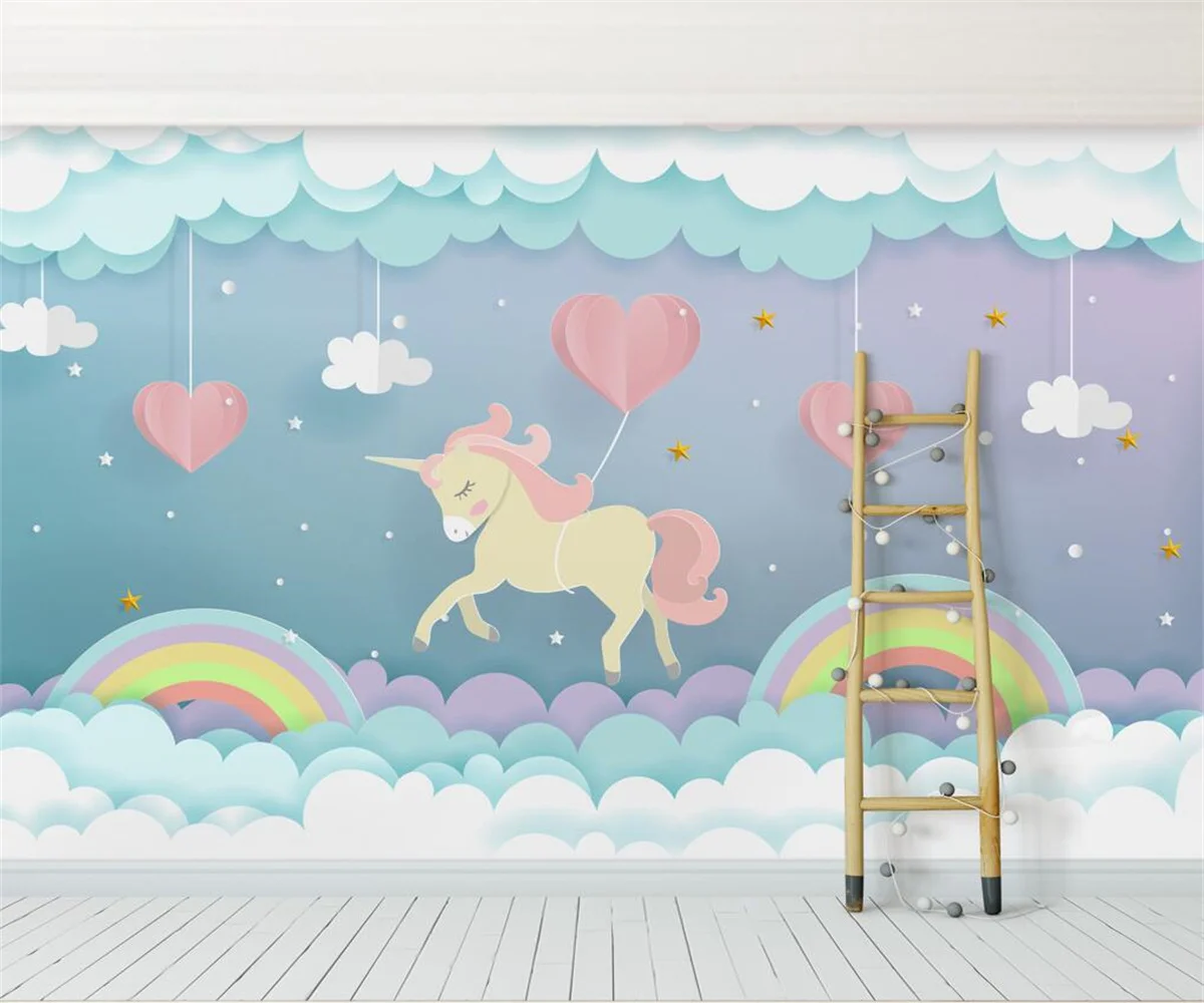 

Custom pink clouds fantasy unicorn rainbow Wall Sticker Living Room Sofa Background Wall Decor Wallpaper Waterproof Mural