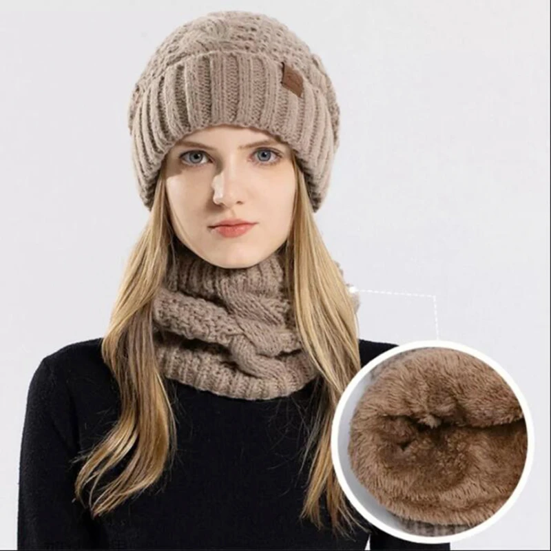 Two-Piece Set Fashion Women Knitted Hat Scarf Caps Neck Warmer Winter Hats For Men Women Skullies Beanies Warm Fleece Cap