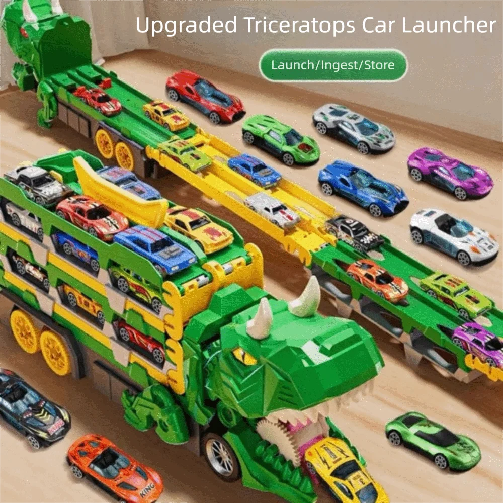 

Transformable Foldable Dinosaur Track Truck Toy with Metal Mini Racing Cars for Kids