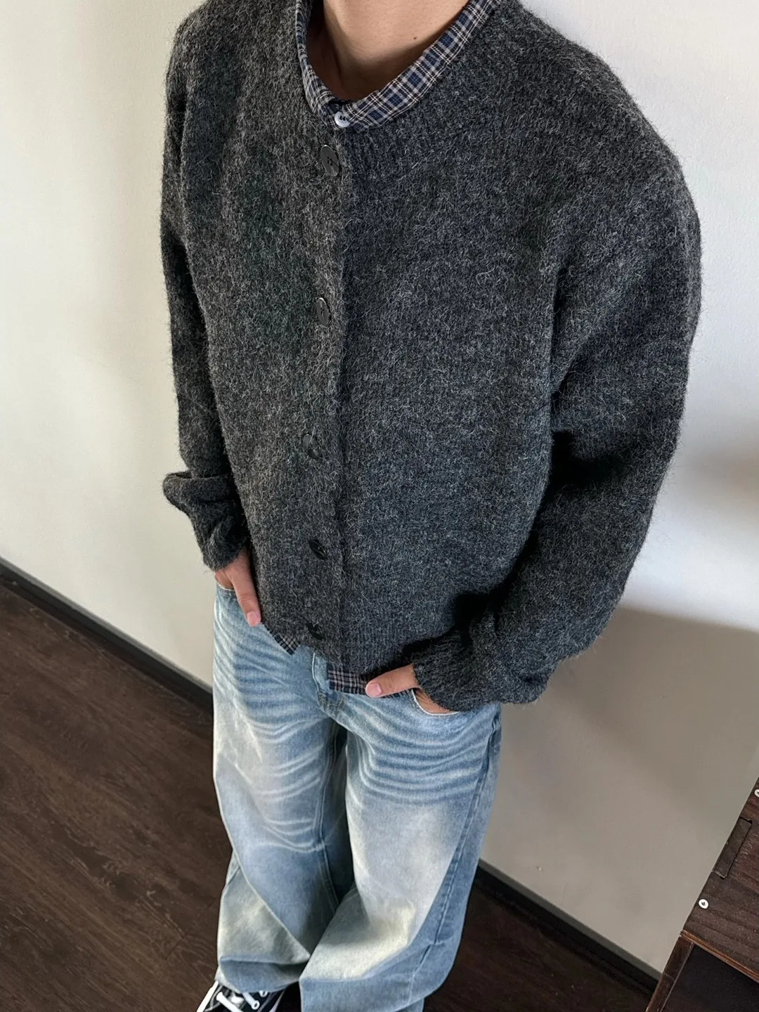 

American Retro round Ne Open Cardigan ey Sweater Men's Cleanfit Lazy Sle Casual Knitted Outerwear Leisure Faion