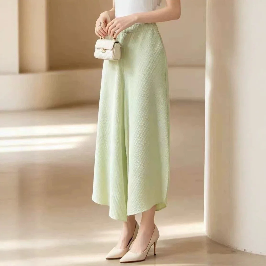 Miyake Pleated Wide Leg Pants  Women, Elastic High Waist Diagonal Pleat Loose Flow‑y Palazzo Trousers Casual Ankle Length Pants