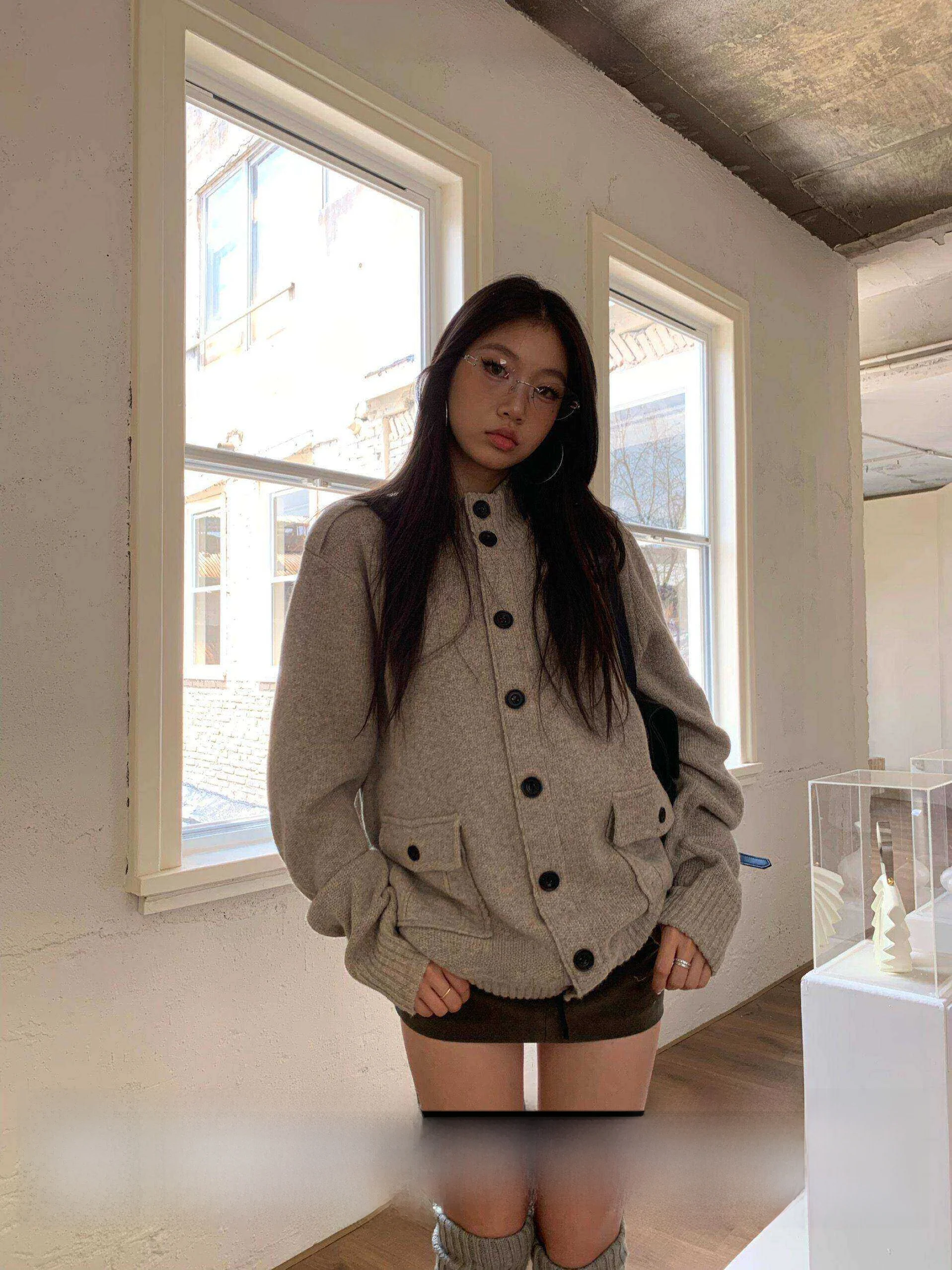 

Fortunee Autumn Winter Loose Knitted f High Collar Open Cardigan Women's Sle Faion Workwear Outerwear Sweater Coat