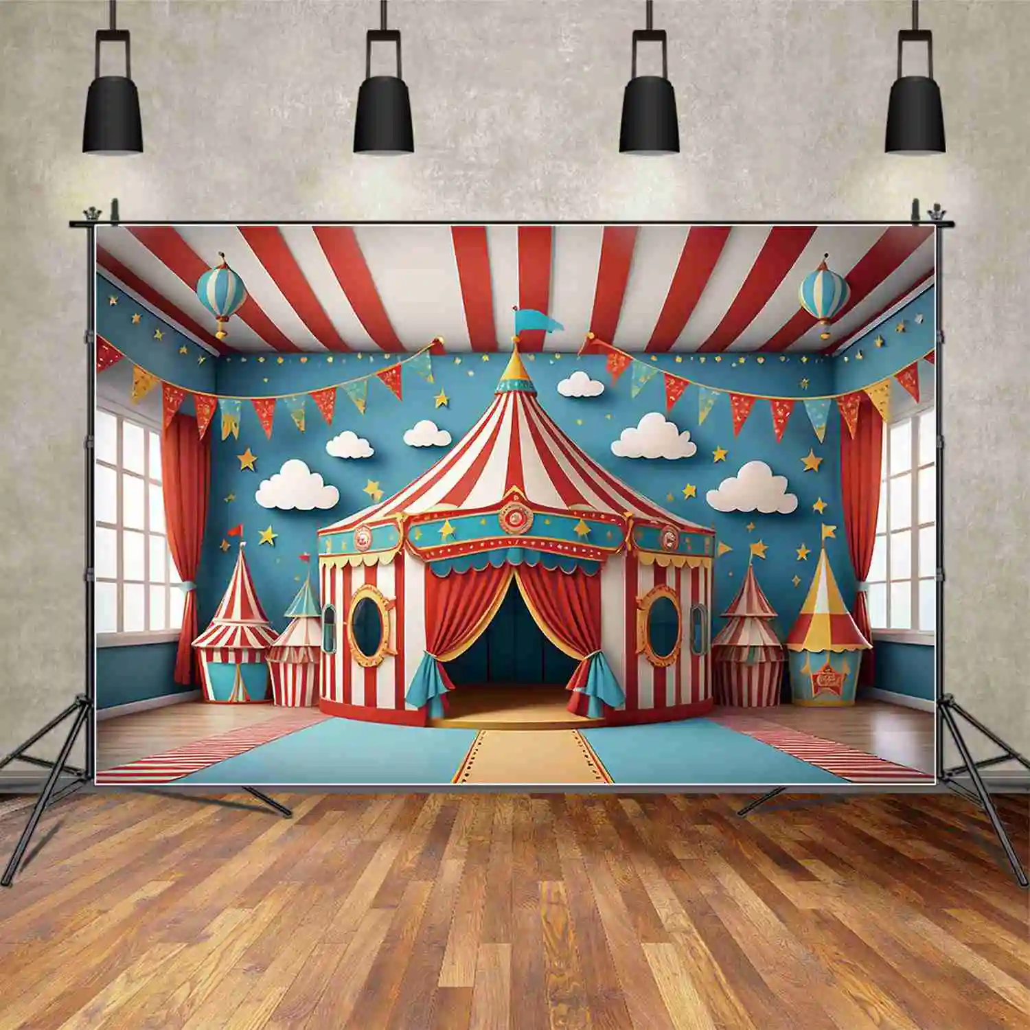 

MOON.QG Circus Tent First Birthday Backdrops Baby Indoor Hot Air Balloon Carnival Background Custom Party Photocall Supplies