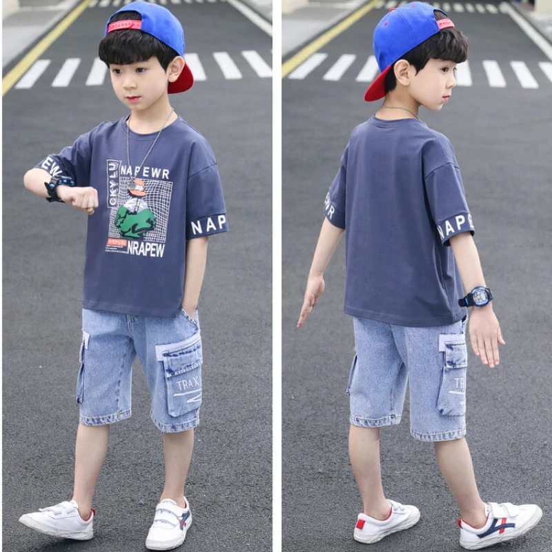 

Boys Summer Short Suit Kids Korean Fashion Printed Letters Short Sleeve + Denim Shorts 2 Piece Set Casual Clothes Trend 3-12Y