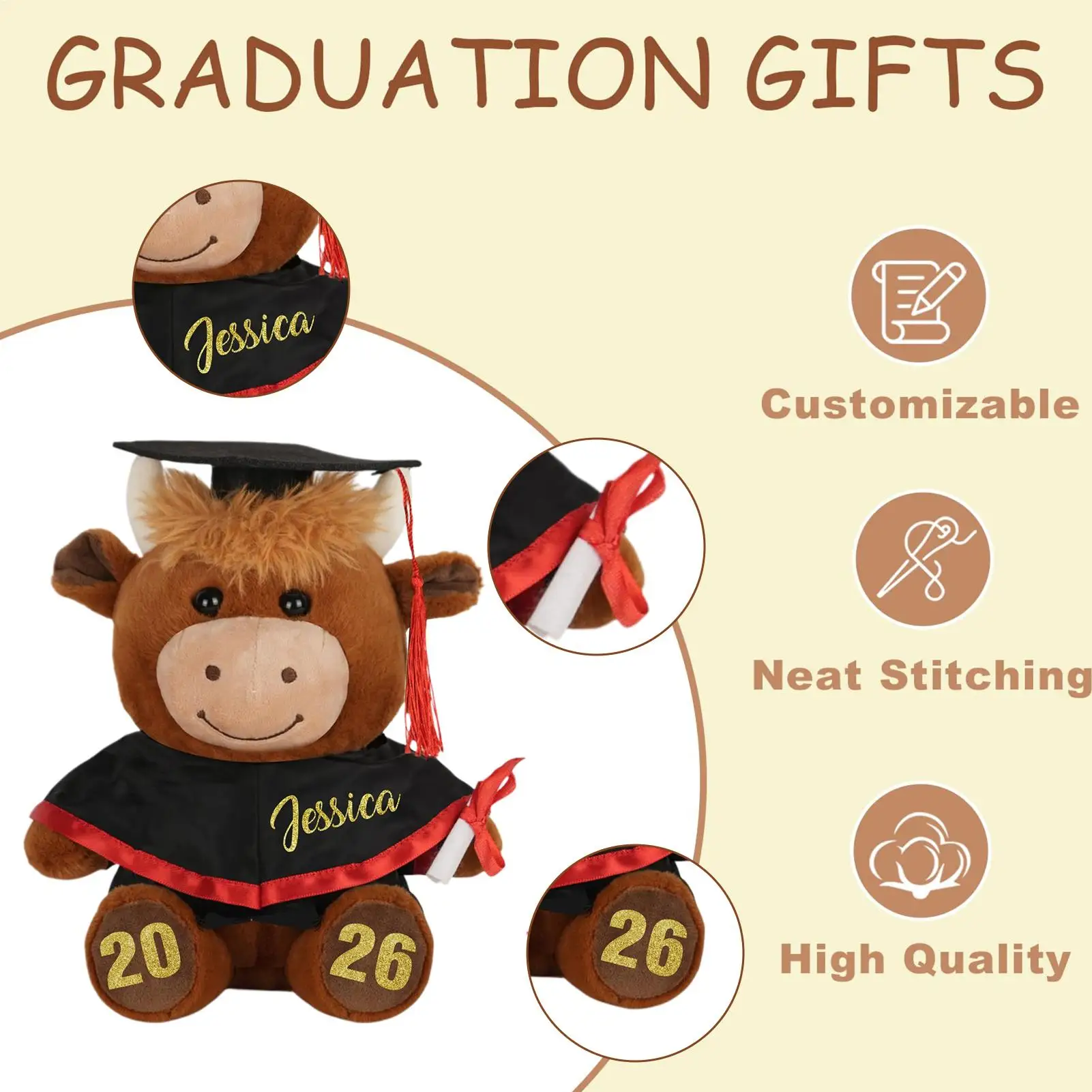 Cow Plush Toys 2026 Graduation Decoration Cuddly Soft Stuffed Animal Gift for Boys Girls Children Student New Year Photo Prop