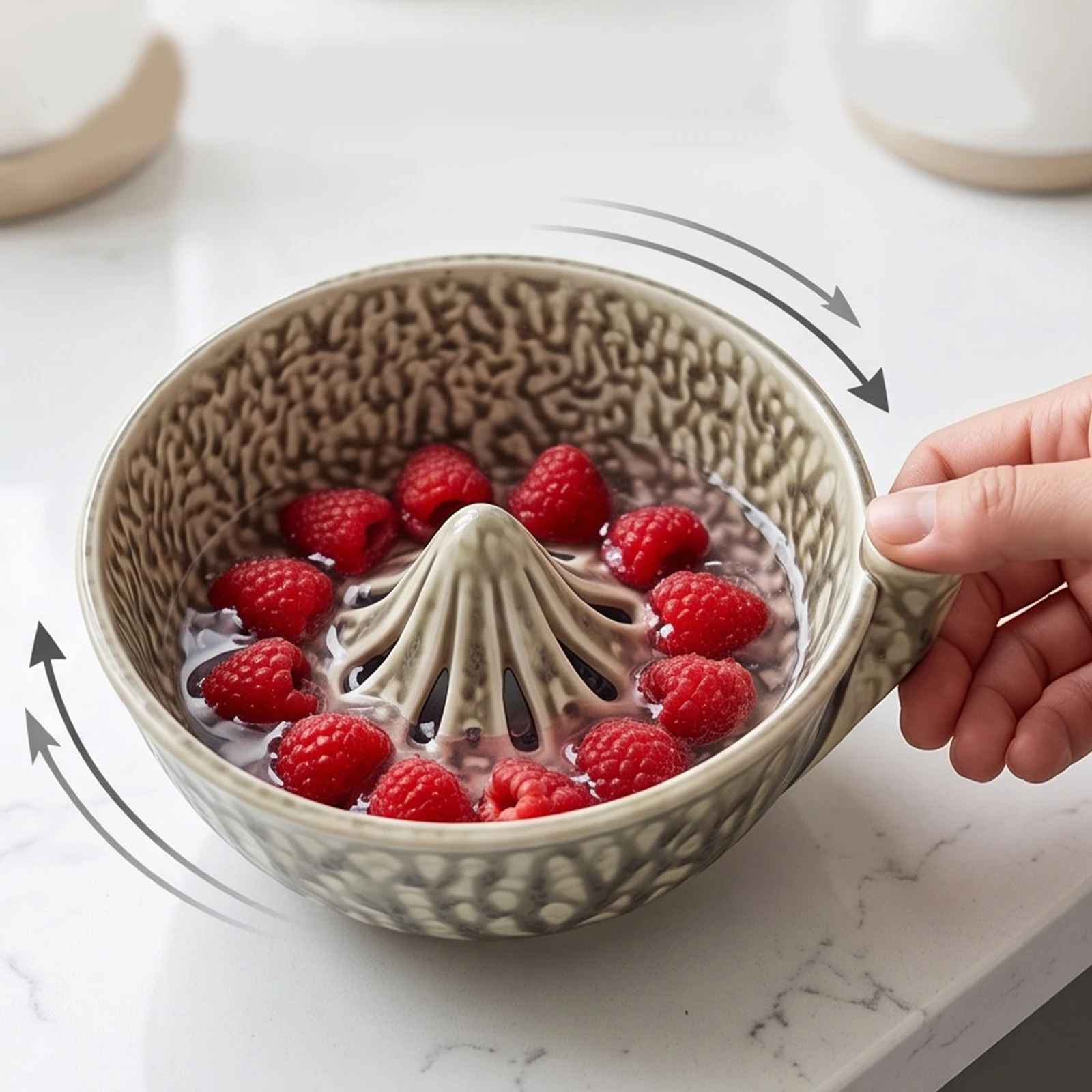 Ceramic Berry Bowl Colander with Drainage Fruit Washer Spinner 360 Degree Rotating for Home Kitchen Cleaning Berries Vegetables