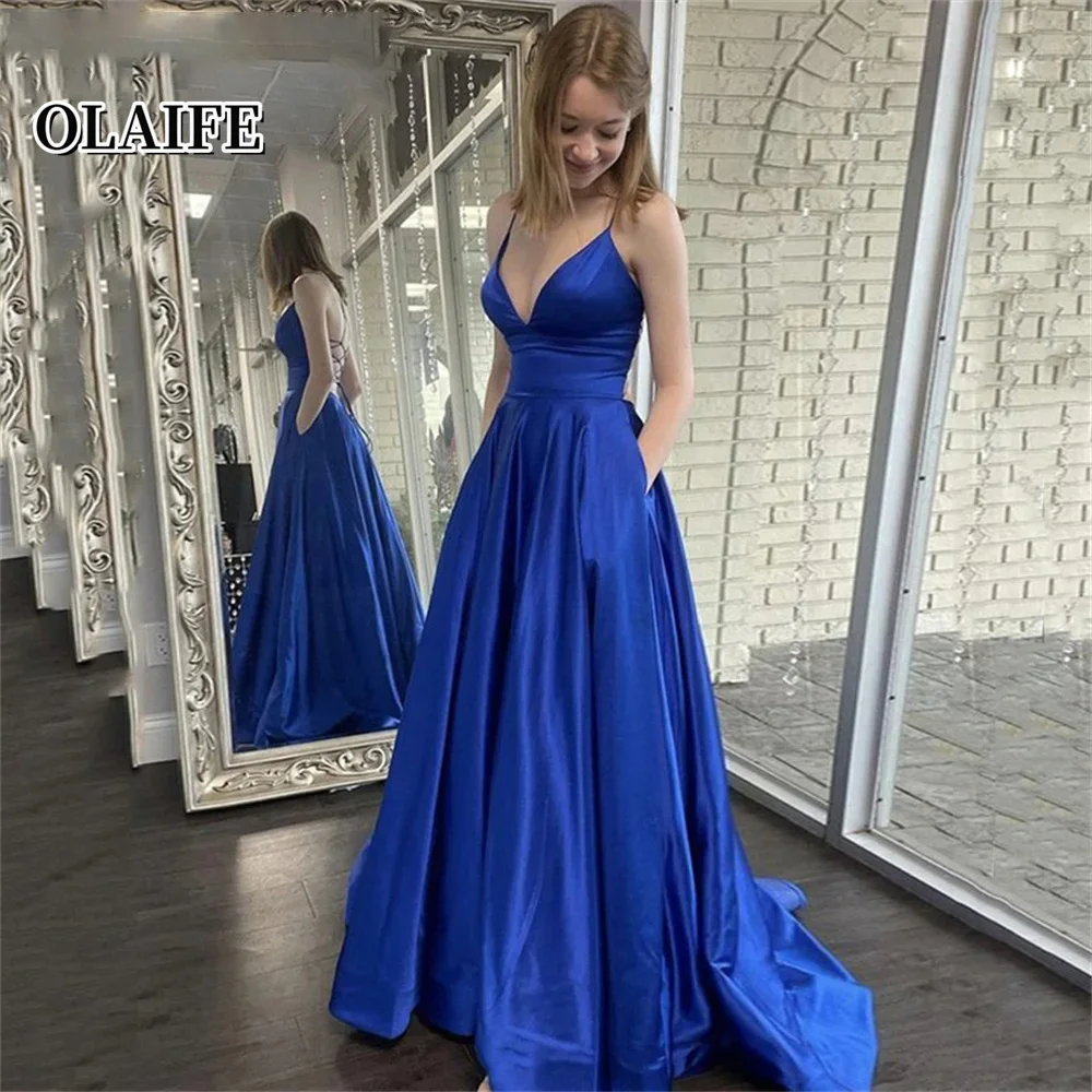 V Neck Royal Blue Prom Dress A Line Long Evening Dress Stain Party Dresses Elegant Dance Dresses Robe De Soiree Sexy Prom Gown