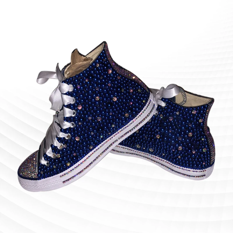 Dark Blue High Top Ribbon Canvas Shoes Comfortable Walking Sneakers Handmade Rhinestone Comfortable Vulcanized Shoes 35-46