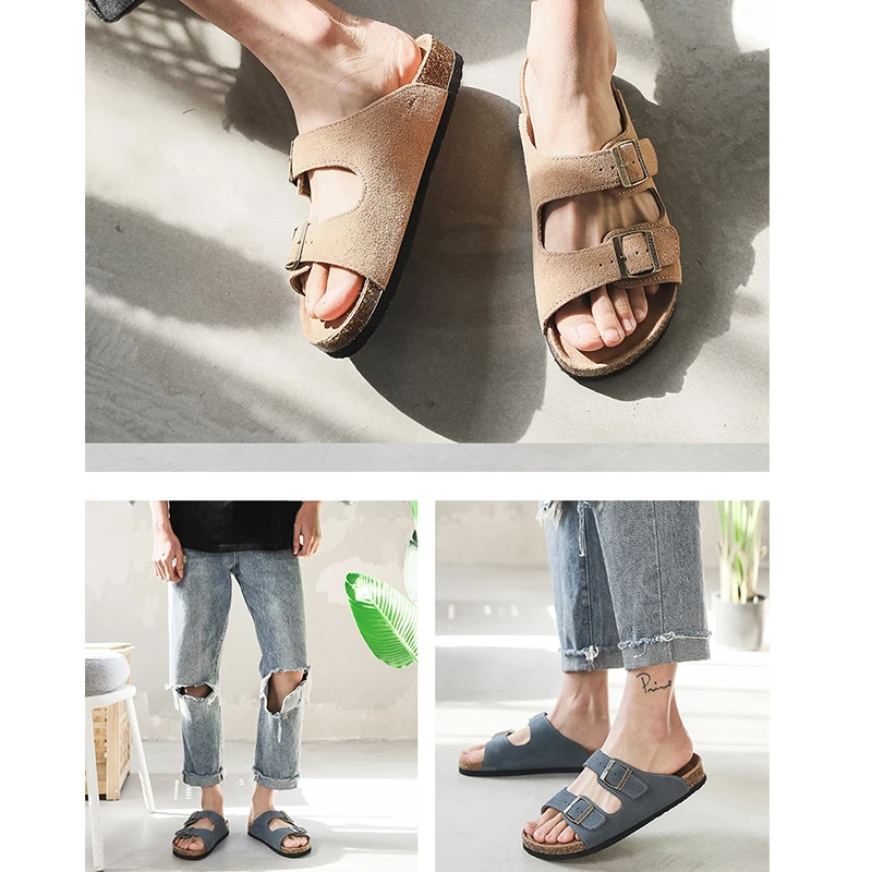 Nubuck Women Cork Slippers Summer Mule Clogs Flats Sandals Slides Casual Beach Couple Double Buckle Soft Shoes Footwear Big Size