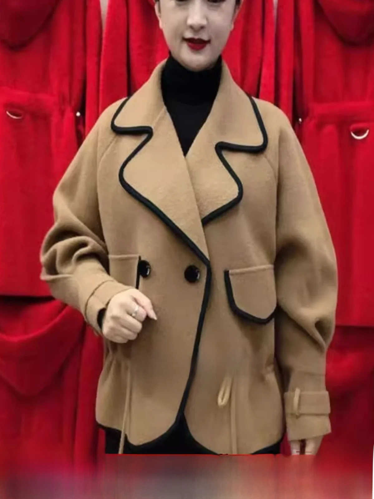 

Autumn Winter ort Waist-Cinching Woolen Coat for Women plus Size Tagl Jaet Commute Sle Long Sve Single Piece