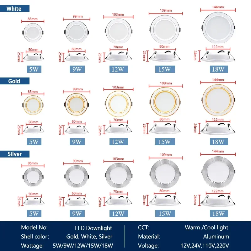 Lâmpada de Teto, Refletor Branco Frio, Branco Quente, AC 110V, 220V, DC 12V, 24V, 5W, 9W, 12W, 12W, 15W, 18W