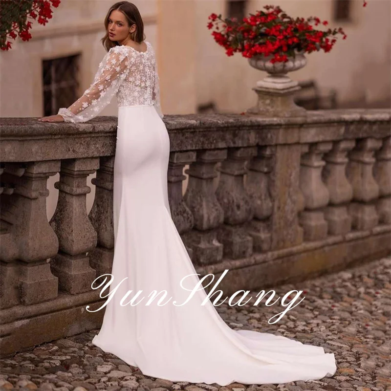 Yunshang Elegante Trouwjurken Vrouwen Zeemeermin Kant Illusie Rug Lange Mouw O-hals Bruidsjurken Sweep Trein Vestidos De Novia