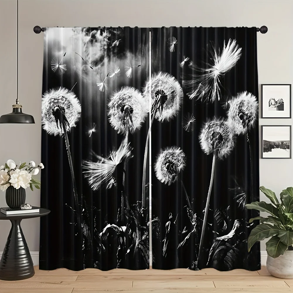 2pcs Black White Dandelion Print Curtains Flying Seeds Pattern Modern Art Design Polyester Window Drapes for Living Room Bedroom