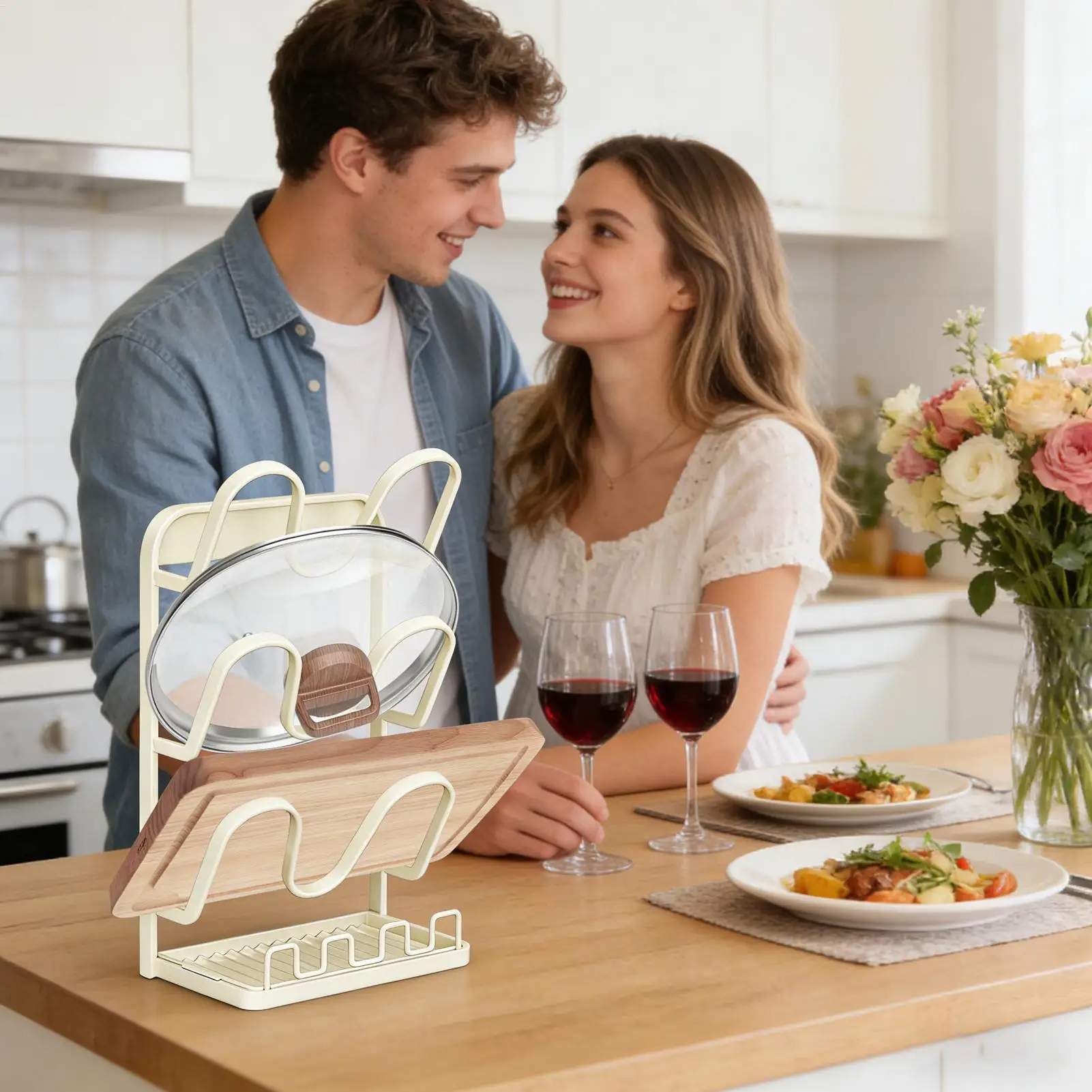 

Держатель крышки кастрюли, многоуровневая компактная подставка, органайзер для хранения кастрюли и крышки кастрюли для ложки, вилки, лопатки, половника для супа, полотенец для дома