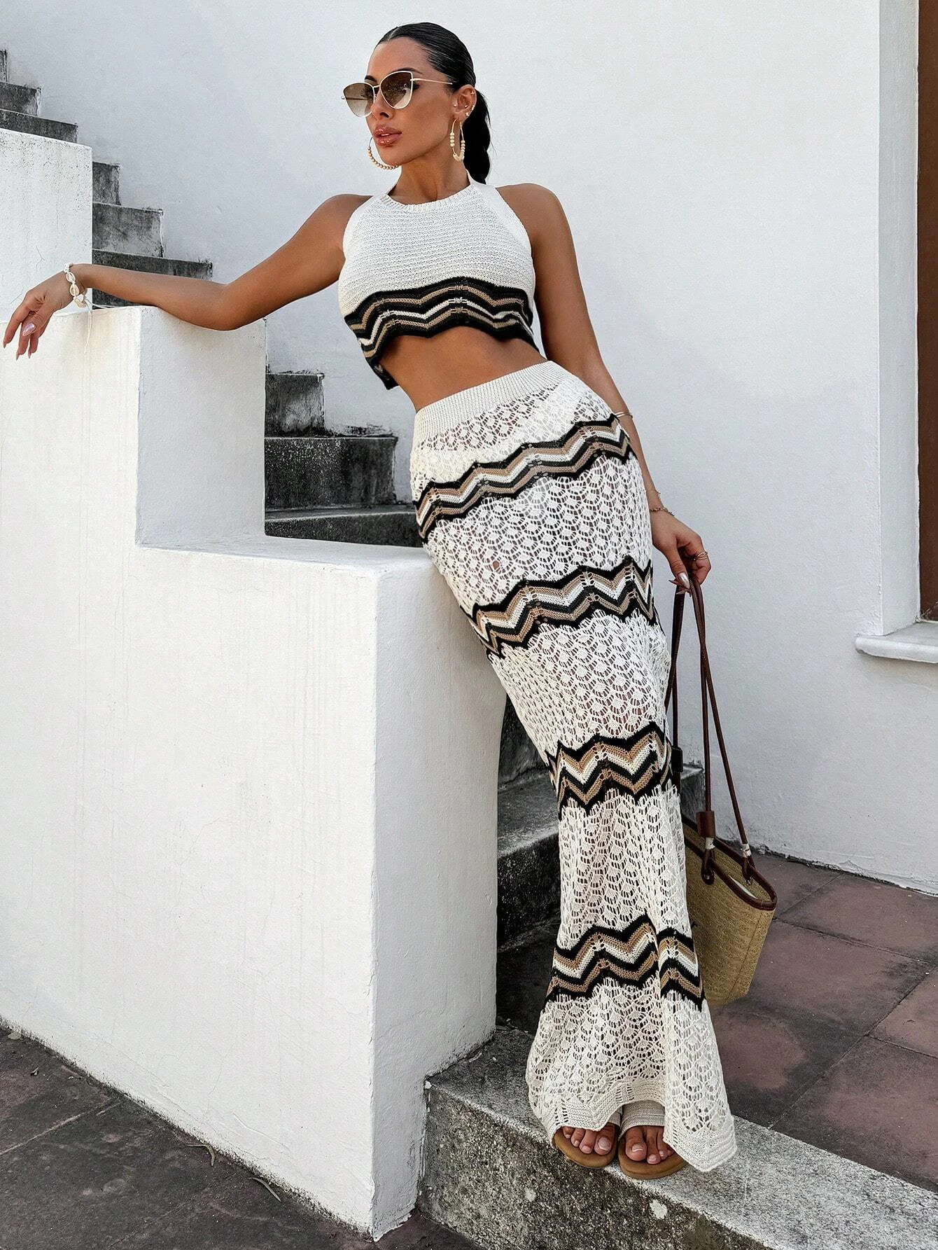 Women Striped Hollow  Crochet 2 Piece Set Halter Crop Top Flare Maxi Skirt Casual Beach Vacation Outfit