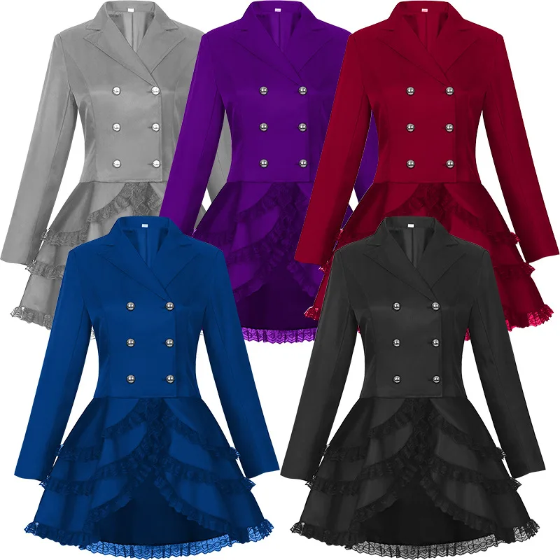 

New Women Lace Trim Lace-up High Low Coat Black Steampunk Victorian Style Gothic Jacket Medieval Noble Court Dress