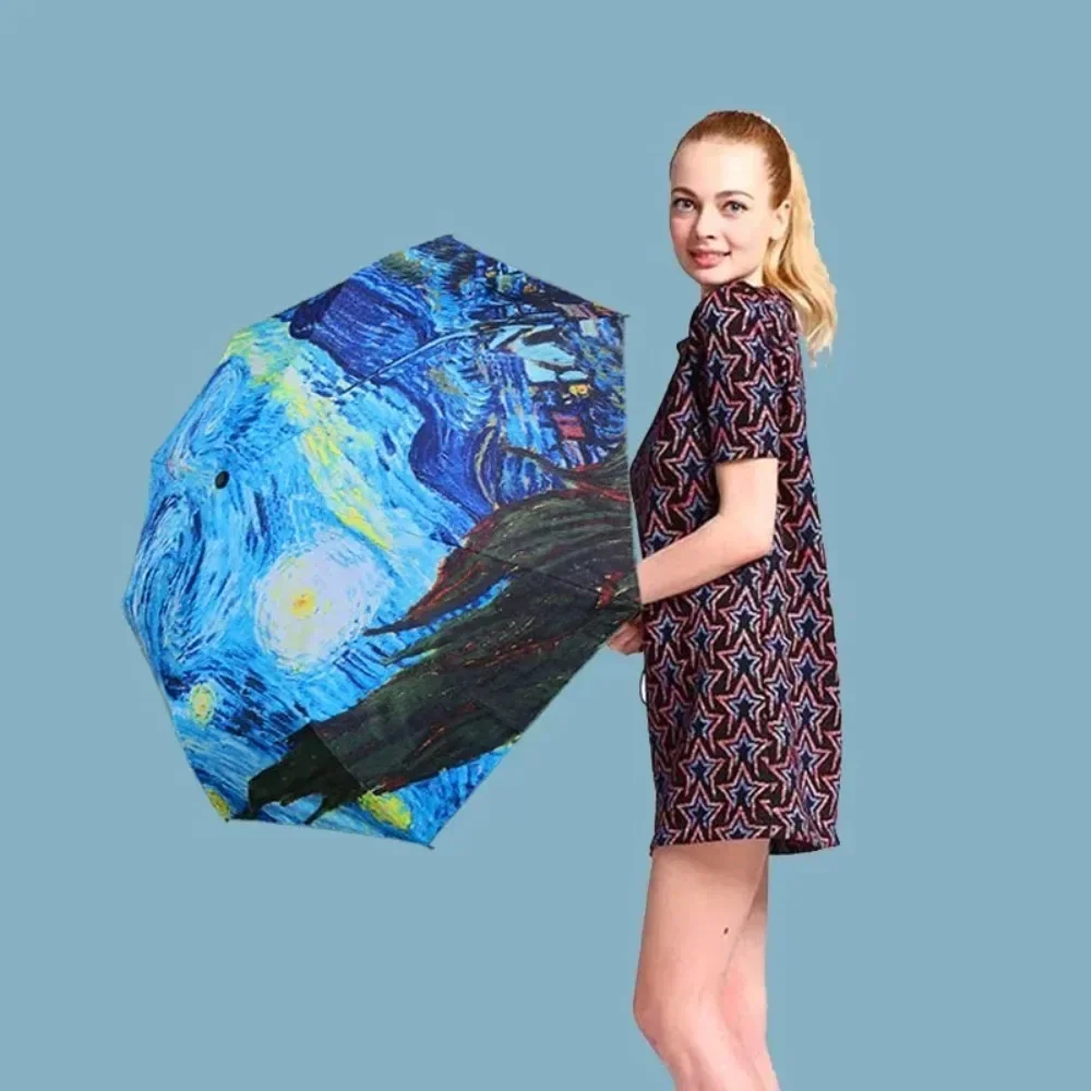 Van Gogh Oil Painting Automatic Umbrella Small Fresh Umbrella Oil Painting Automatic Windproof Wind Resistant Sun Folding Women