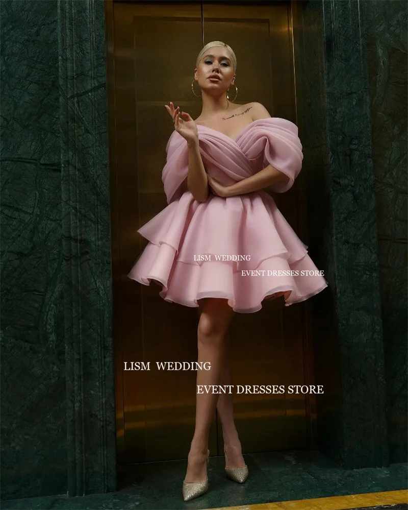 LISM Modern Pink Organza A-Line Mini Evening Party Dresses Saudi Arabia Off The Shoulder Tiered Ruffles Formal Occasion Dress