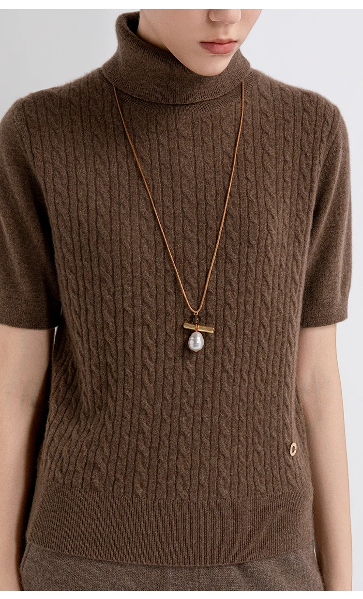 TH662122 Damen Rollkragenpullover mit Zopfmuster, Kurzarm, 100% Kaschmir, Gerippter Saum, Gemütlich, Lässig-Schick, Frühherbst – Detail 9
