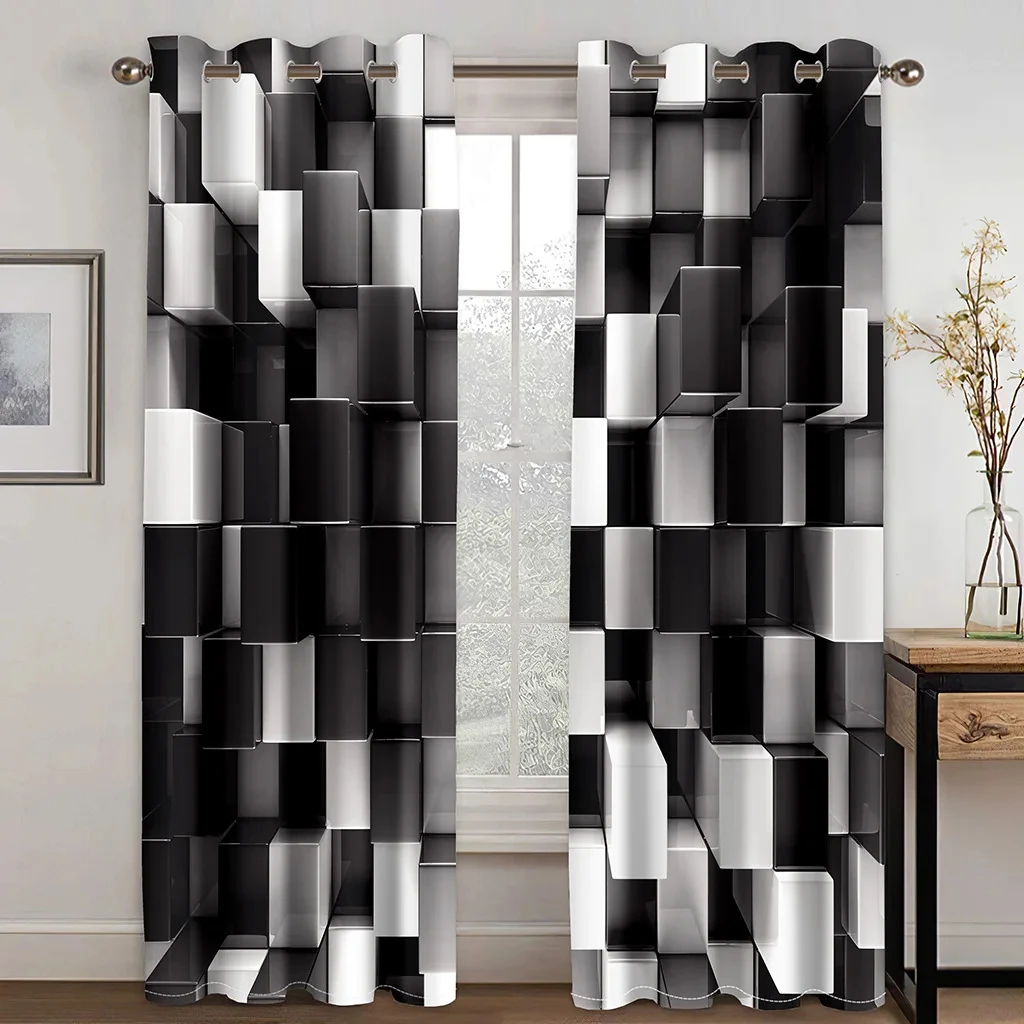 

2Pcs Modern Black White Abstract Geometric Cube Window Curtains For Living Room Bedroom Kicthen Home Decor Grommet Top Curtain