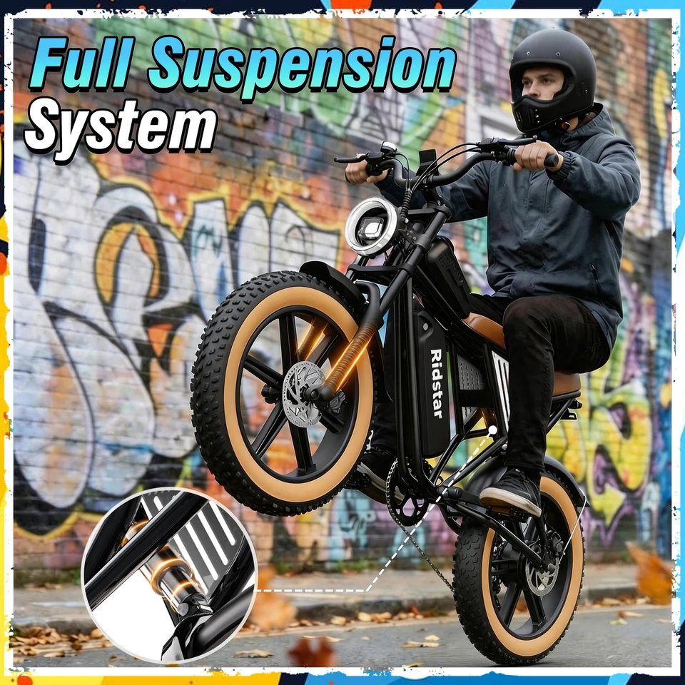 Ridstar Electric Bike for Adults Peak 1500W 31 MPH Battery 48V 15.6Ah 20"*4 Fat Tire 7-Speed Full Suspension Electric Dirt Bike image 4