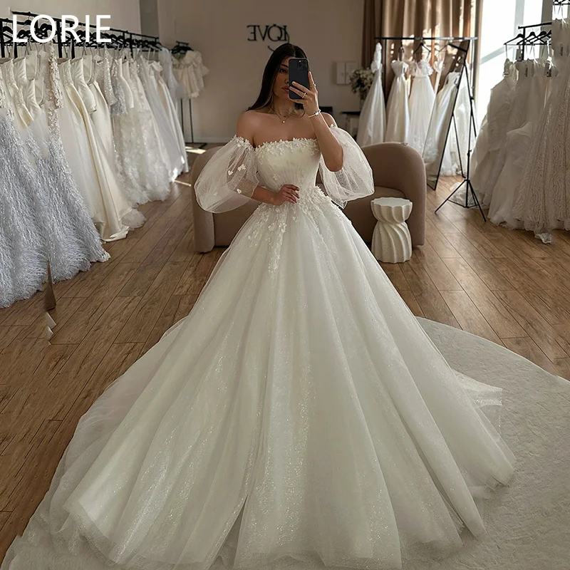 LORIE A-Linie Schulterfrei Prinzessin Spitze Applikationen Sexy Hochzeitskleid Puffärmel Brautkleider Rückenfreies Brautkleid Maßgeschneidert