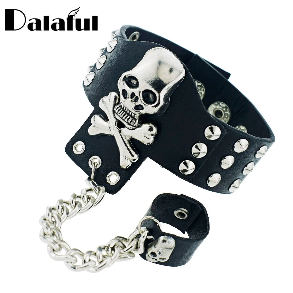 Gothic Skeleton Skull Chain Link Rock Rivet  Cuff  Black Leather Punk Unisex  Fashion Bangle Bracelet S054