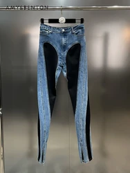 Street Fashion Denim gespleißt Bleistift hose Frauen Frühling neue Hip-Hop Street hoch taillierte Jeans heißes Mädchen sexy schlanke Hose