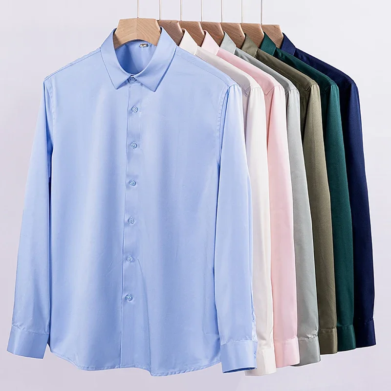 

Black Men's Stretchy Wrinkle-Free Shirts, Blue Gray Red Green Asia Size M38-7XL46, White Plain Long Sleeve Office Dress Shirt.