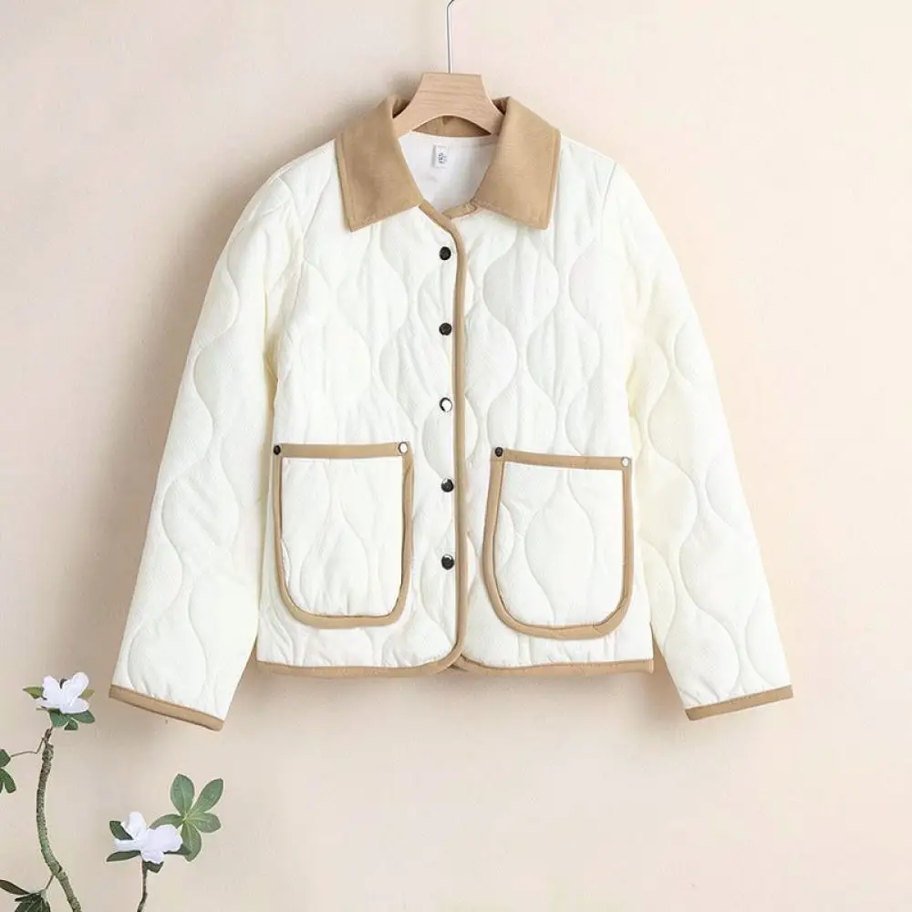Fashion Women Winter Quilted Coat Stylish Contrast Diamond Lapel Cotton Padded Jacket Loose Casual Lightweight Warm Soft Outwear
