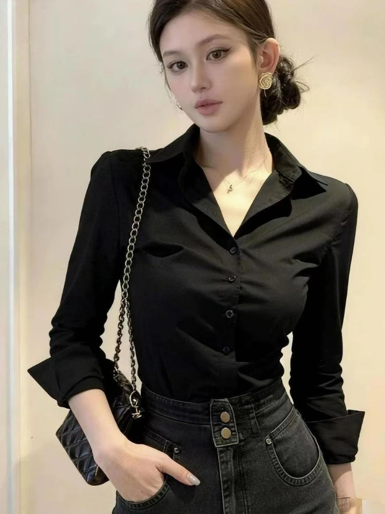 Womens French Chic Blue Polo Collar Long Sleeve Blouse Slimming Single Button Professional Office Shirt