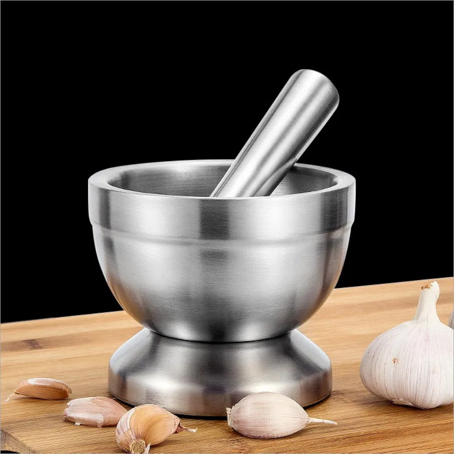 1Set Brushed Stainless Steel Mortar and Pestle Non-Skid Base Silicone Lid Spices Herbs Guacamole Grinder Pill Crusher Heavy Duty