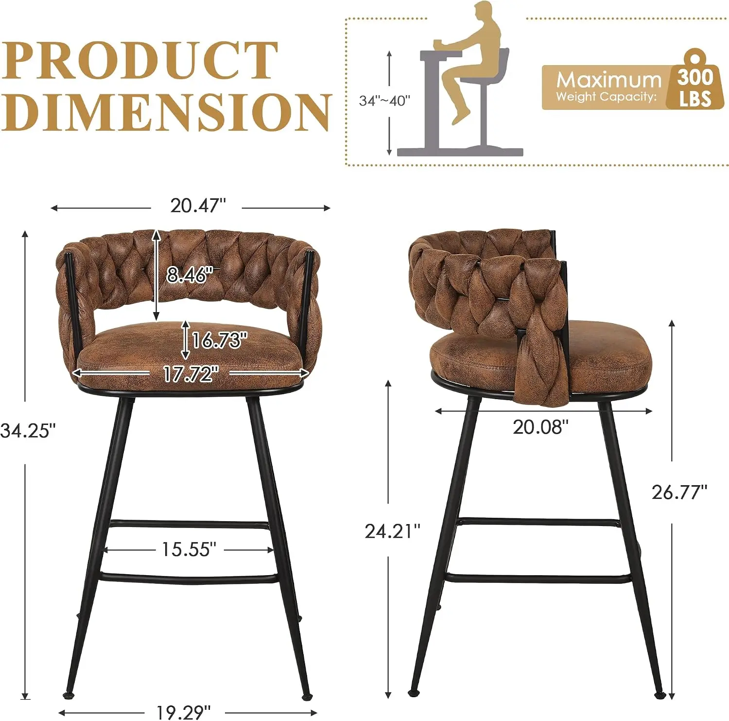 Bar Stools Set of 4, Counter Height Bar Stools, 26 inch Seat Barstools with Woven Back and Footrest for Kitchen Island Counter,