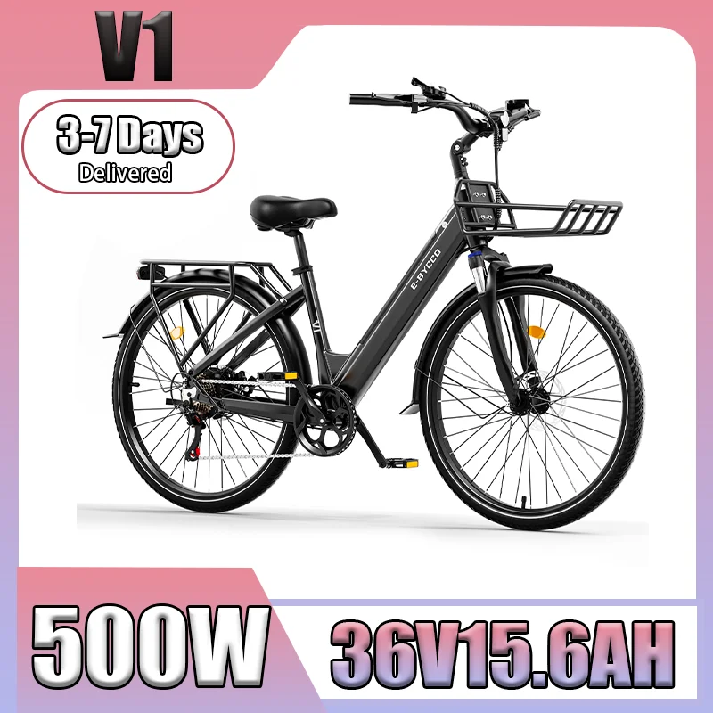 Bicicletta elettrica E-BYCCO V1, motore da 500 W, batteria rimovibile da 36 V e 15,6 Ah, sistema di sospensioni anteriore, pneumatici da 28 pollici, 7 velocità, bicicletta elettrica per il trasporto