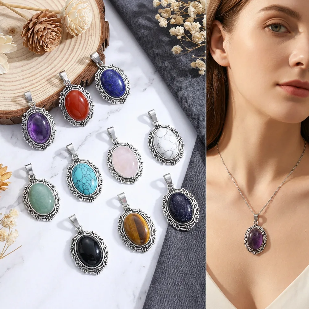 

Vintage Oval Natural Stone Pendants, Mixed Gemstone Charms for DIY Jewelry Making Necklace