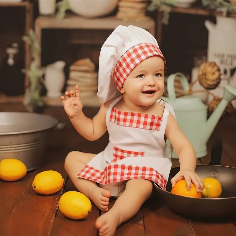 Disfraces de Cosplay para fotografía de bebé, delantal de ropa de cocinero, disfraz de Casa de juegos para niños, ropa de sesión de fotos, sombrero de Chef de rendimiento para niño y niña