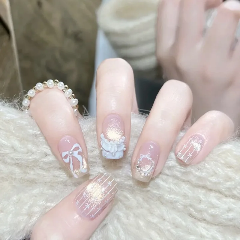

10 Pieces Sweet Fairy Ballet Cat Eye Handmade Press On Nails Blue Bow Skirt Wreath Fake Nails Removable Reusable