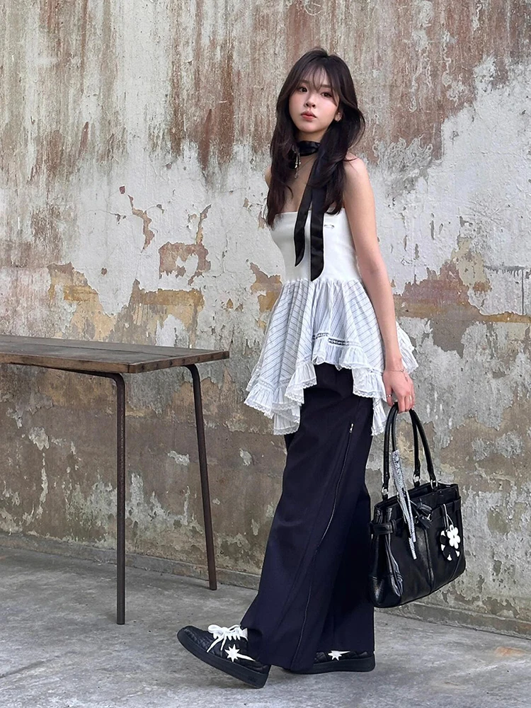 ReddaChic Bandeau Stijl Strepen Onregelmatige Vrouwen Top Zomer Mouwloos Vest Flowy Ruche Zoom Corset Rave Festival Zomer Kleding