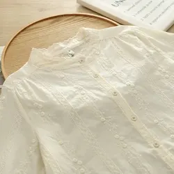 2025 Sweet Mori Girl Lace Embroidered Shirt Female Stand Collar Blouse Women Fall Japan Style 100% Cotton Long Sleeve Shirts