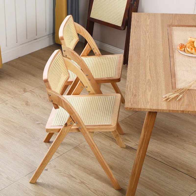 Nordic Portable Solid Wood With Rattan Seat And Backrest Folding Activity Chair Wooden Folding Chair