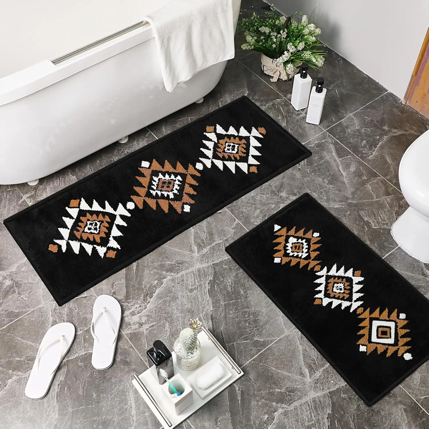 

2 Pcs Western Aztec Bathroom Rugs, Non-Slip Geometric Bath Mat, Soft Absorbent Microfiber Rug for Kitchen, 17" x 47" +16" x 29"