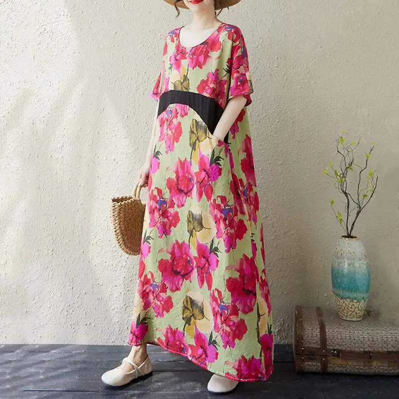 Sukienki midi maxi z krótkim rękawem, plus size, bawełniane, w stylu vintage, w kwiaty i kropki, z kieszeniami, damskie, codzienne, luźne, długie, letnie, szerokie, boho.
