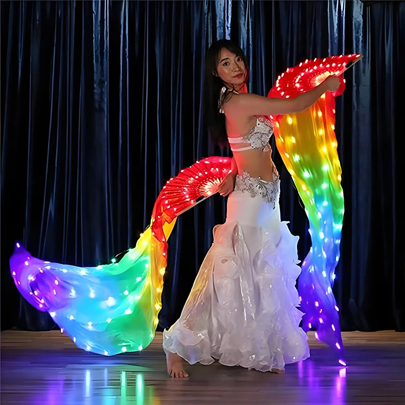 LED Belly Dance Silk Fan Long Folding Bamboo Artificial Silk Fans Luminous Light Up Fans for dancer favor performance props