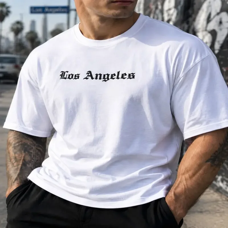 Mens Gothic Los Angeles Print Muscle  Crew Neck Short Sleeve Tshirt, Breathable Fabric Menswear Novelty Casual Tee, California City Streetwear Top for Men (Back to School, Halloween Gifts)