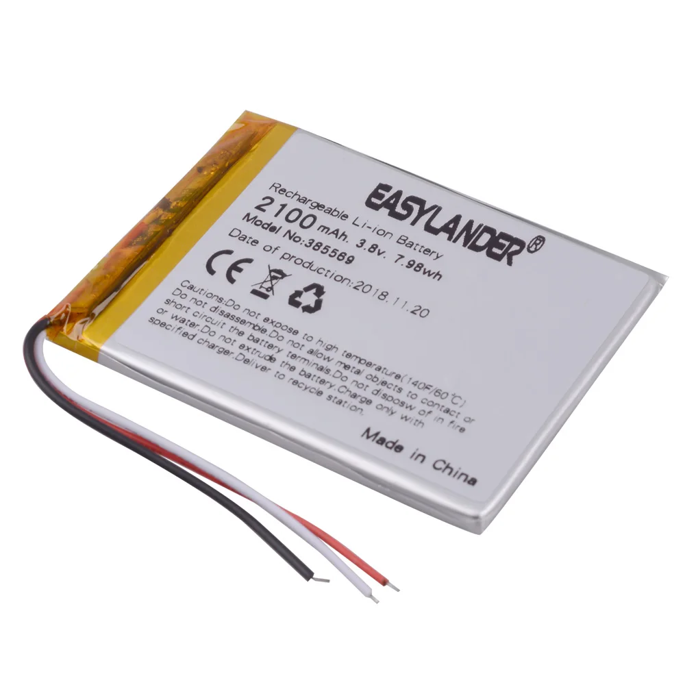 10 sztuk/partia 385569 405569 3.8V 2100mAh akumulator litowo polimerowy do telefonu komórkowego E-book Tablet PC DVD DVR GPS PSP PDA PAD MP5