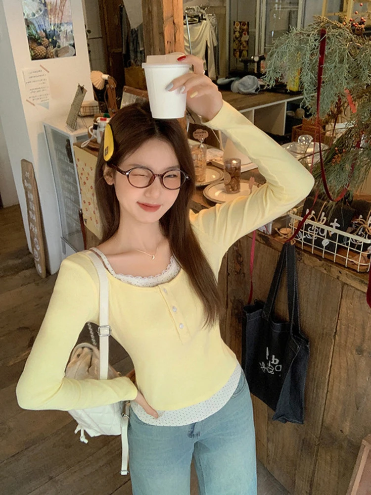 Sweet Style Floral Print Long Sleeve T-Shirt Women's Base Layer Inner Wear Yellow Milk Color Spring 2026 Breathable Skin-Frie...