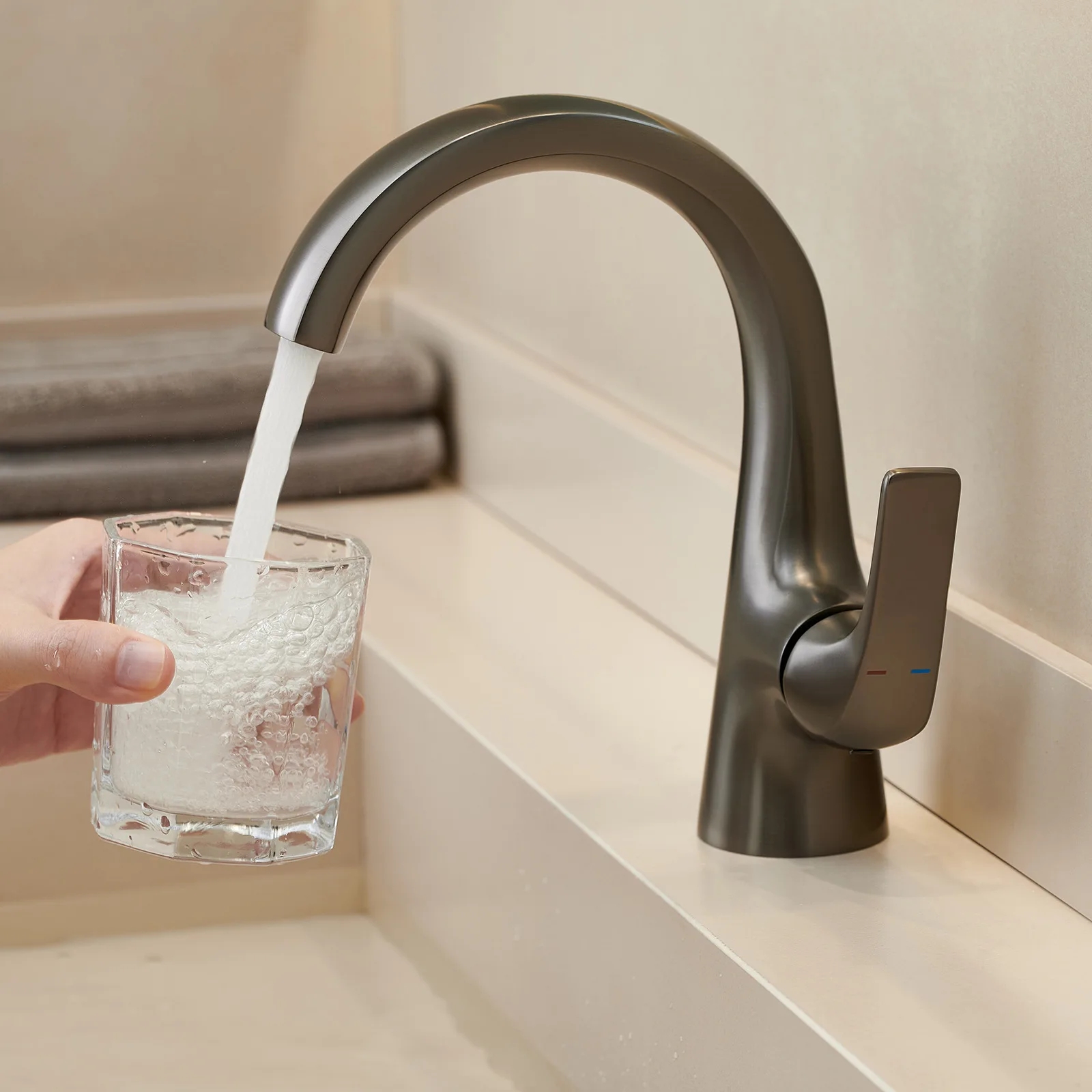 Hot And Cold Bathroom, Bathroom, Wash Basin, Basin Faucet, Basin Gun On The Stage, Gray Basin Faucet Lift Type