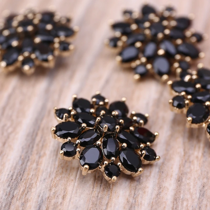 5Pcs 21mm Black for Rhinestone Flower Shaped Buttons with Metal Loop Jewelry Embellishments for DIY Crafts Garment Drop Shipping